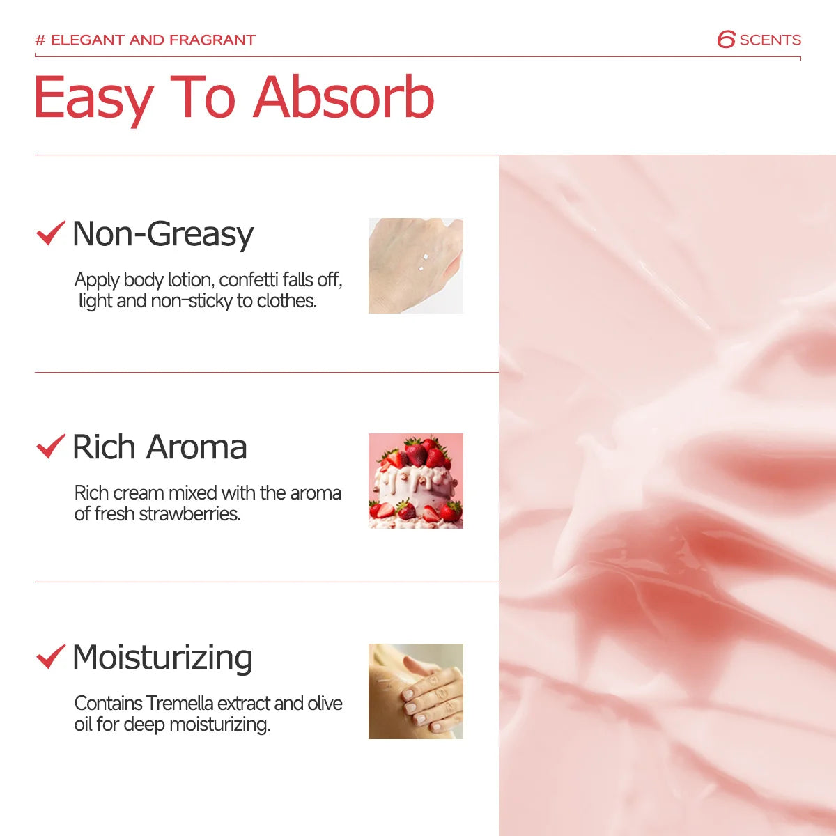 200ml/6.76fl.oz Strawberry Cake Body Lotion, Vanilla, Sakura, Rose, VC Citrus, Collagen, Hydrating and Moisturizing Skin Care