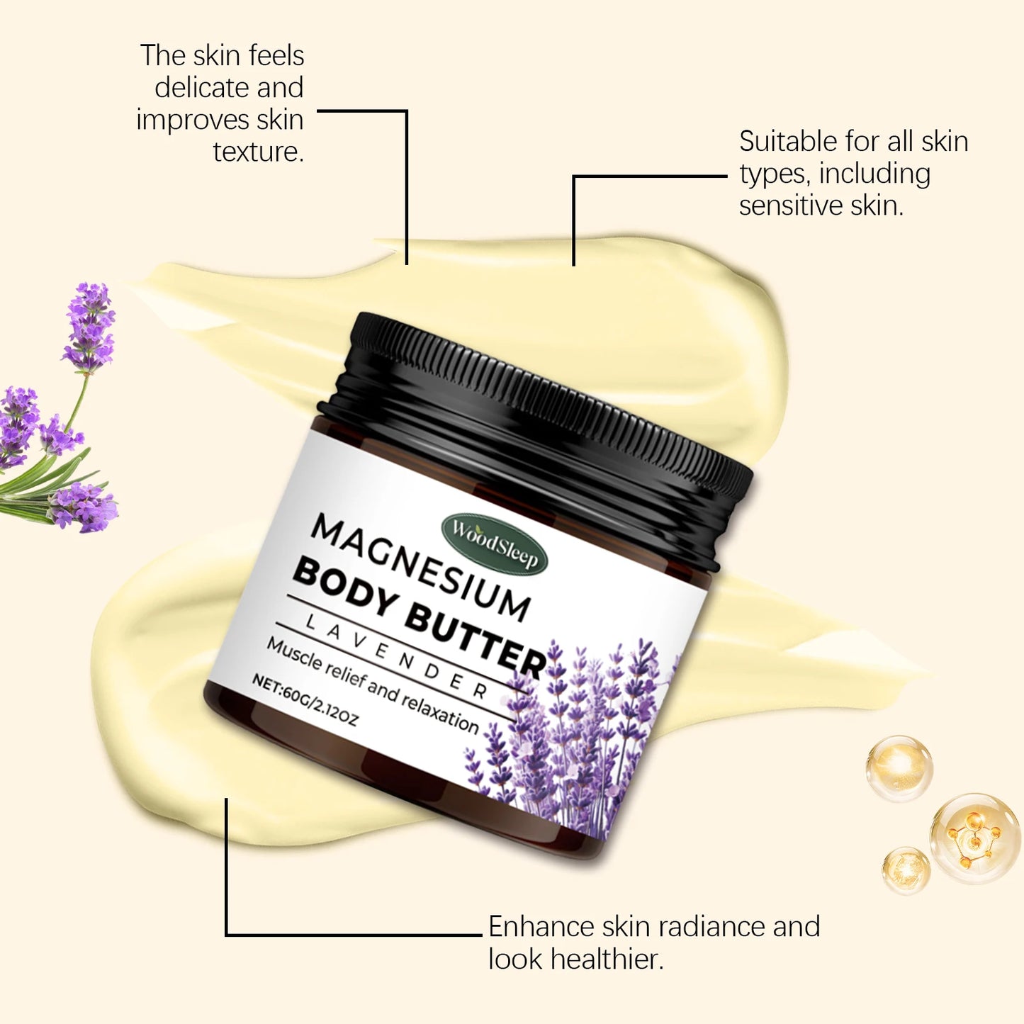 Woodleep Lavender Magnesium Body Cream 2.02oz Natural Sleep Skincare Relaxation Deep Moisturizing Refreshing Body Lotion