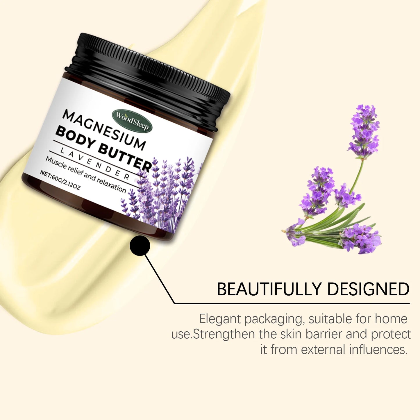 Woodleep Lavender Magnesium Body Cream 2.02oz Natural Sleep Skincare Relaxation Deep Moisturizing Refreshing Body Lotion